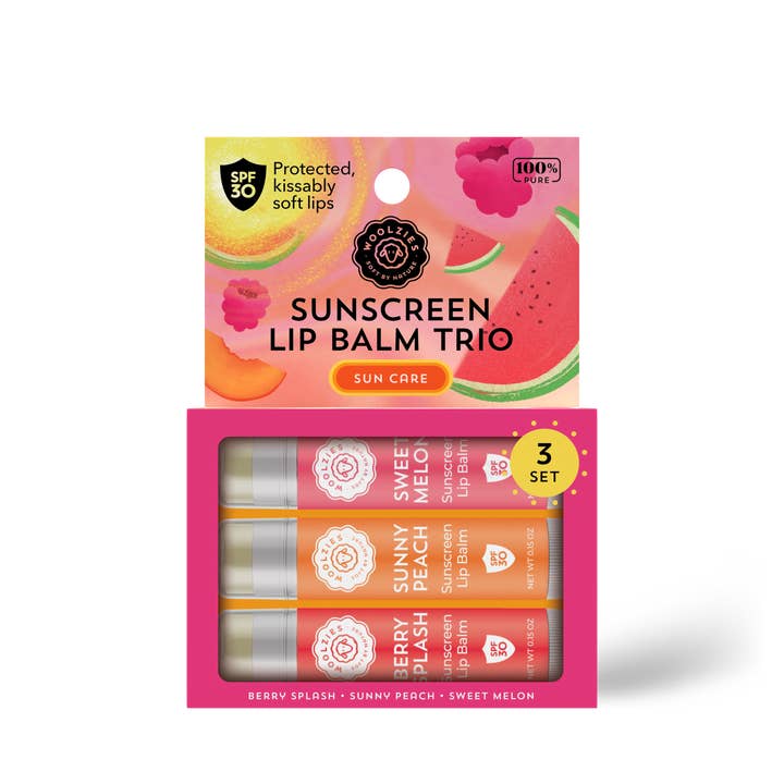 Woolzies - Wholesale Lip Balm Set - SPF Sunscreen Lip Balm Trio Sweet Melon, Sunny Peach, Berry 1