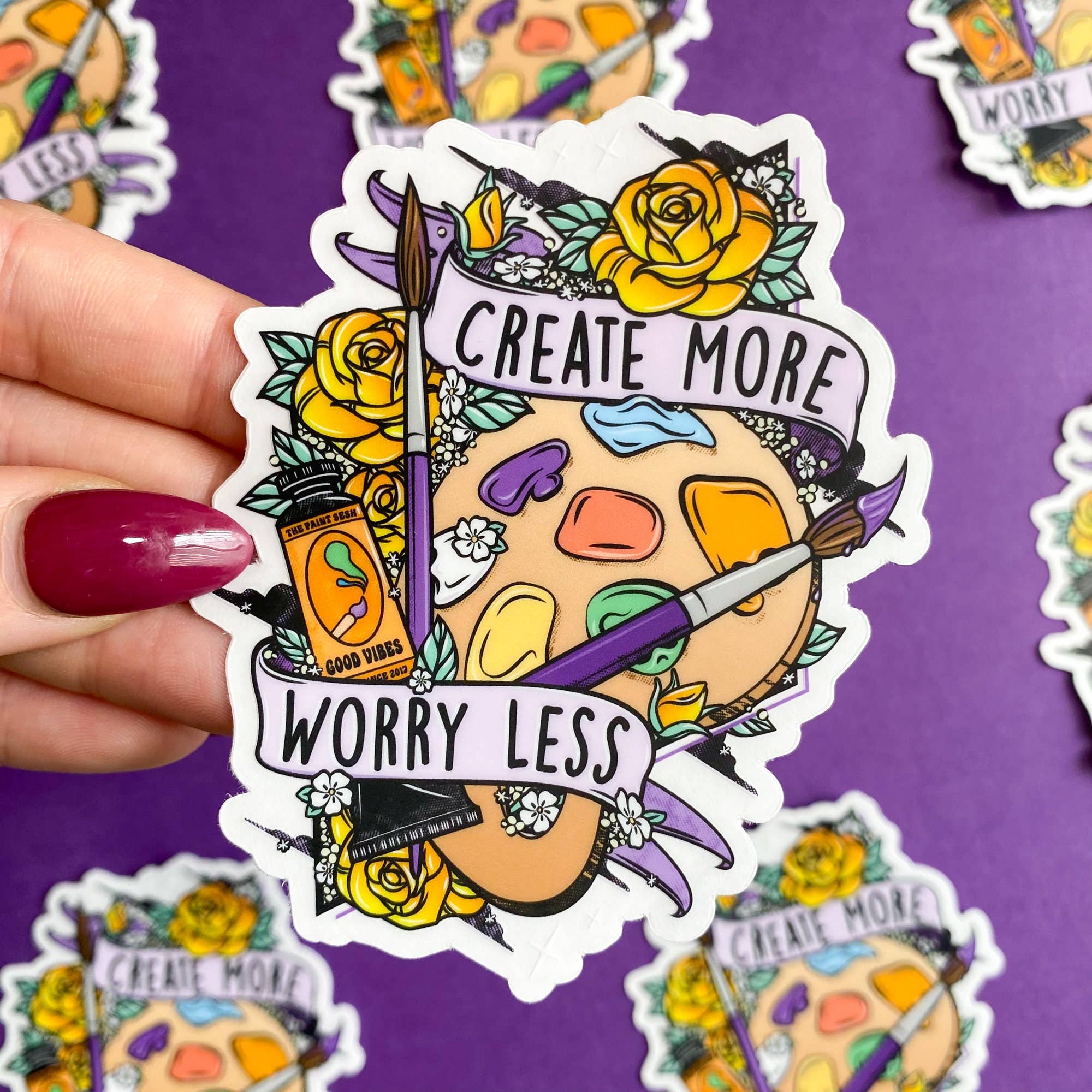 The Paint Sesh - Vente Autocollant - Autocollant Create More Worry Less transparent | Autocollant pour artiste9
