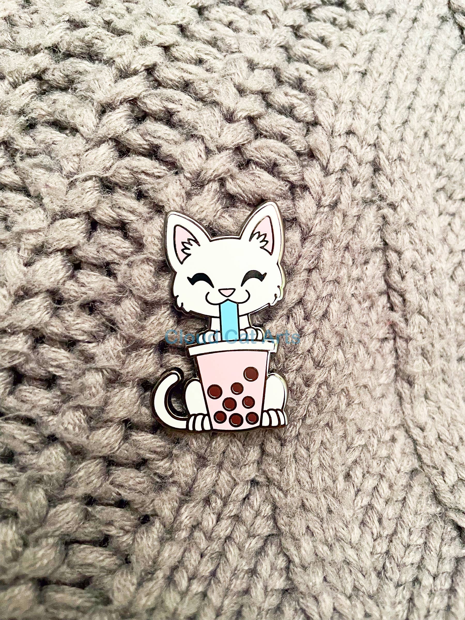 Cloud Cat Arts - Wholesale Lapel Pin/Button - White Kitty/ Strawberry Boba Tea Cat - Hard Enamel Pin1