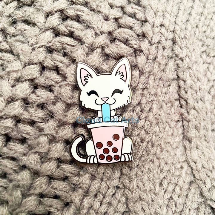 Cloud Cat Arts - Wholesale Lapel Pin/Button - White Kitty/ Strawberry Boba Tea Cat - Hard Enamel Pin1