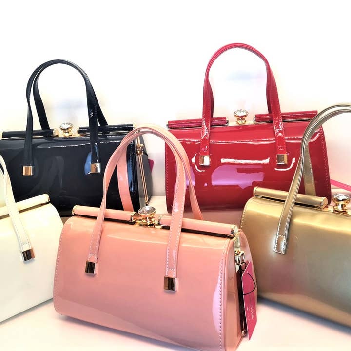 Superbia - Wholesale Top Handle Bag - Women's - Large Patent Diamond Detail Top Handle Handbag Clasp Opening