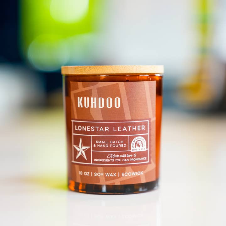 10oz Lone Star Leather Candle for wholesale by Kuhdoo Soap