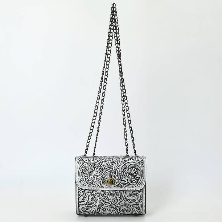 LS Western - Wholesale Crossbody bag – Women's - ADBG1630 Tooled Floral Leather Crossbody Bag with Antique Brass Turn Lock & Chain Strap10