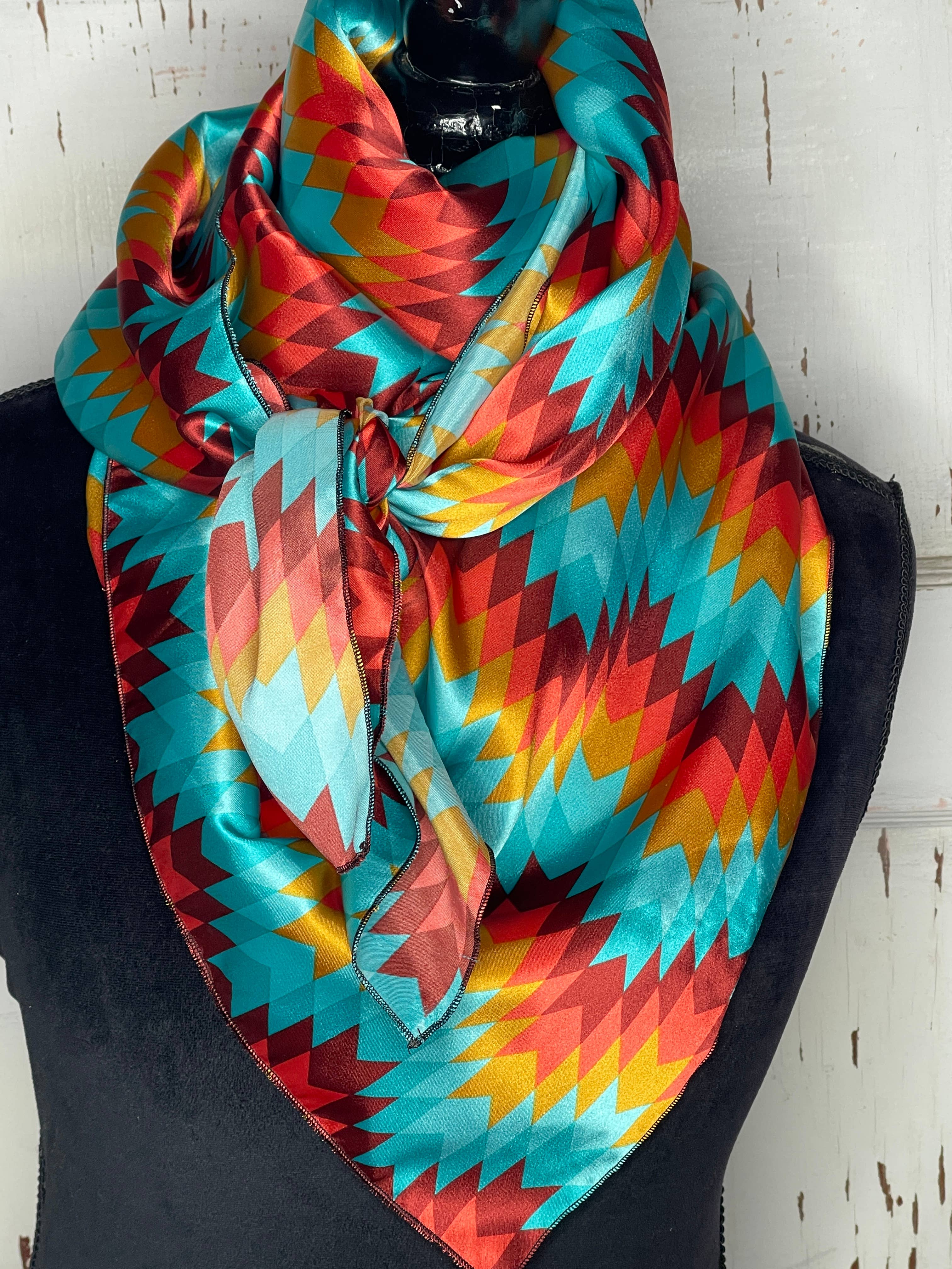 Rainyday Homemade – Cachecol - Mulher por atacado – Azul, Ferrugem, Laranja Padrão Tribal Wild Rag4