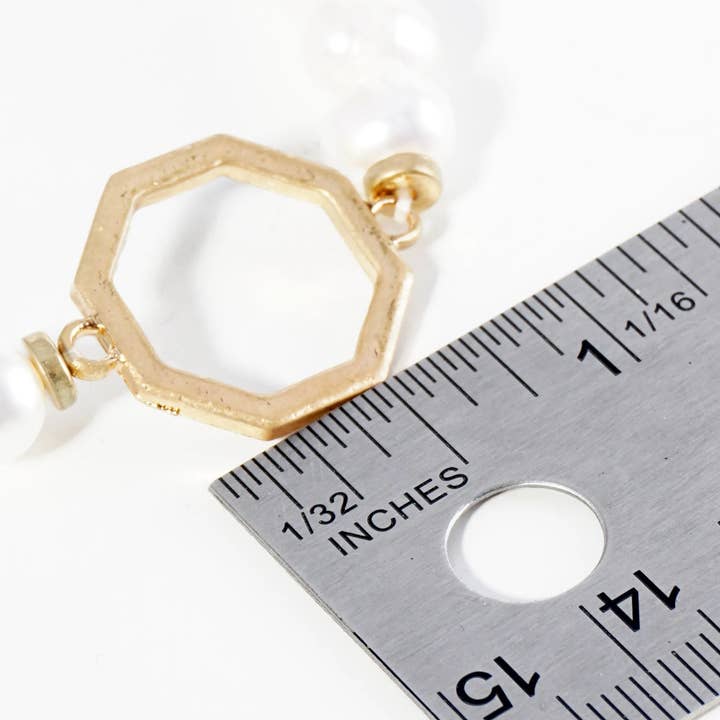 Cream Worn Gold Freshwater Pearl Stretch Bracelet With Metal Octagon Accent for wholesale on Faire
