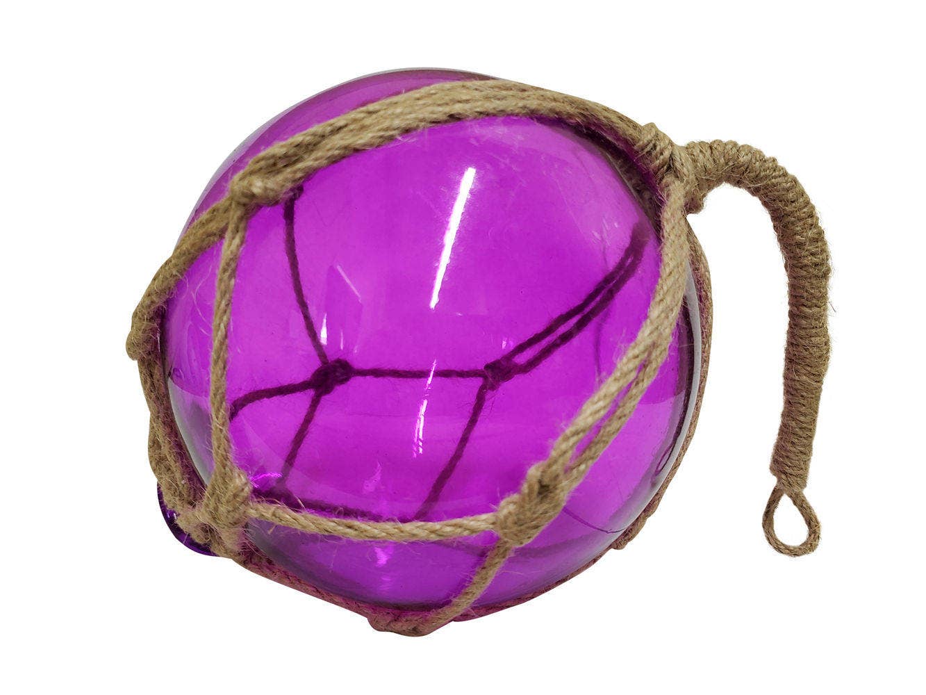 Hampton Nautical - Wholesale Decorative Tabletop Object - Purple Japanese Glass Ball Fishing Float With Brown Netting Decoration 6"2