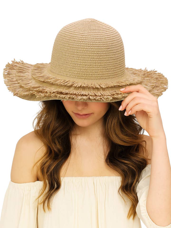 Triple Layered Fringe Straw Beach Sun Hat for wholesale by Cap Zone