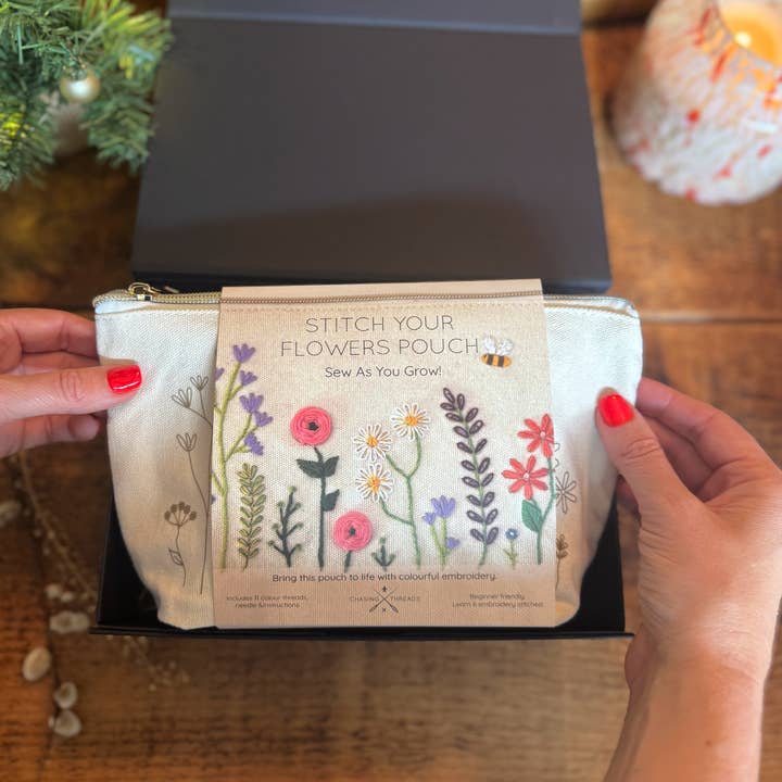 Stitch Your Flowers Zip Pouch - Floral Embroidery Kit for wholesale by Chasing Threads
