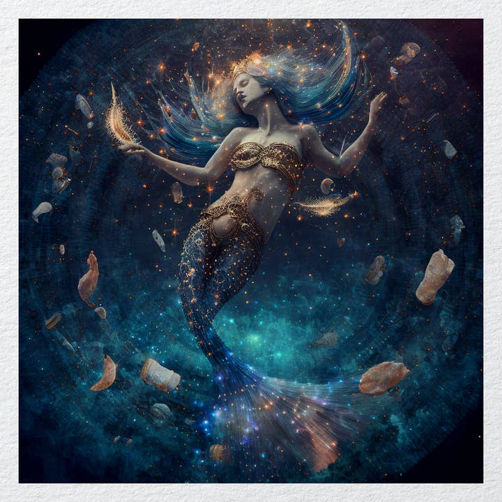 Celestial Mermaid Fish Mythical Printed Fabric Panel for wholesale by Hills Of Fabric