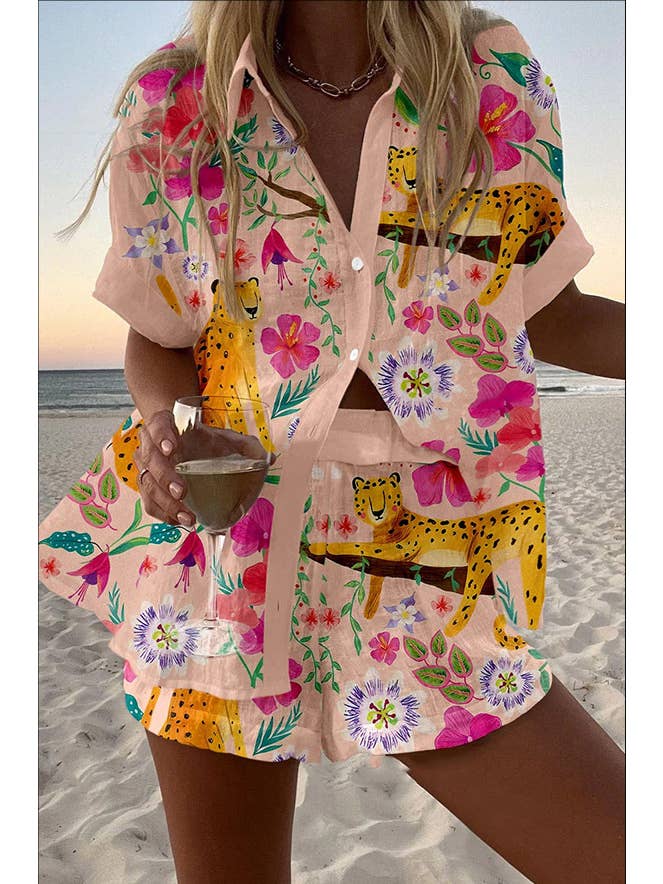 Rosa Clothing - Wholesale Top & Short Set (NOT Loungewear) - Women's - Roma Vibrant unique print shirt & shorts resort loose set