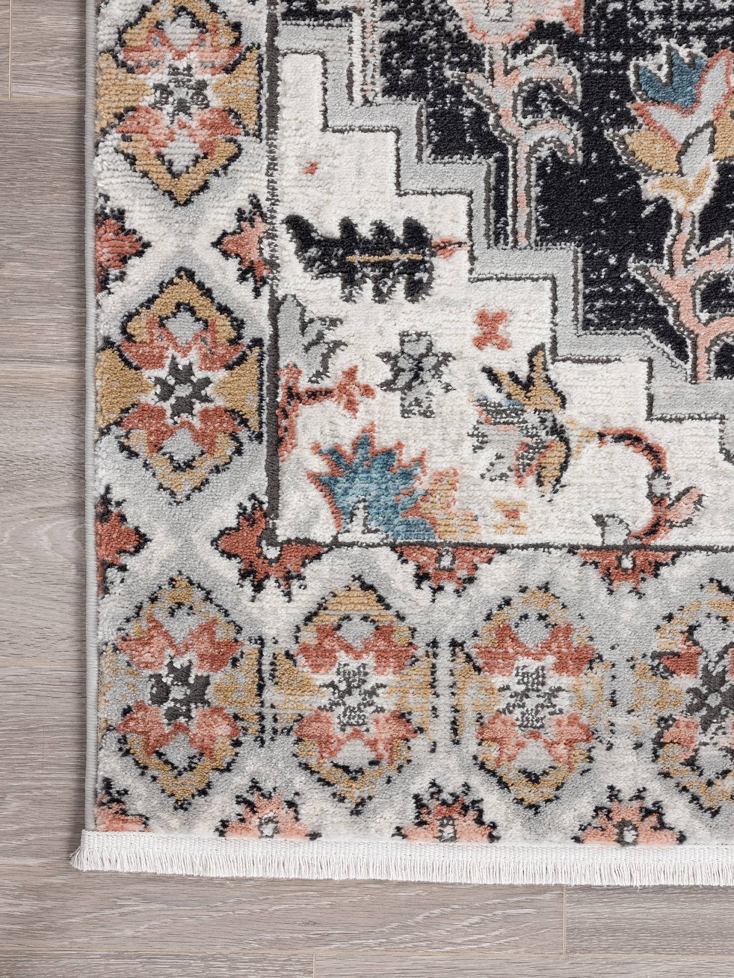 Abani Rugs – wholesale Matta – Azurfärgad beige medaljongmatta med svart kopparfärgad kant2