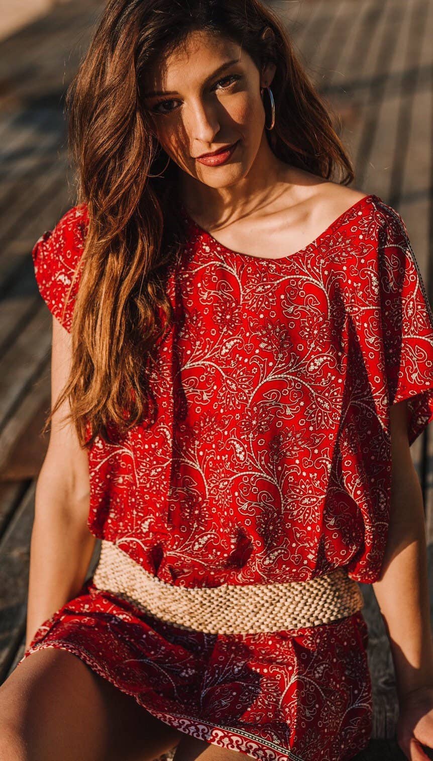 Miss Kitsch – wholesale Dress – Women's – Red Short Dress, Boho Dress, Summer Dress, Beach Dress, Resort Wear, Blouse Dress, Holiday Dress, Short Dress with Sleeve Corfu Dress2