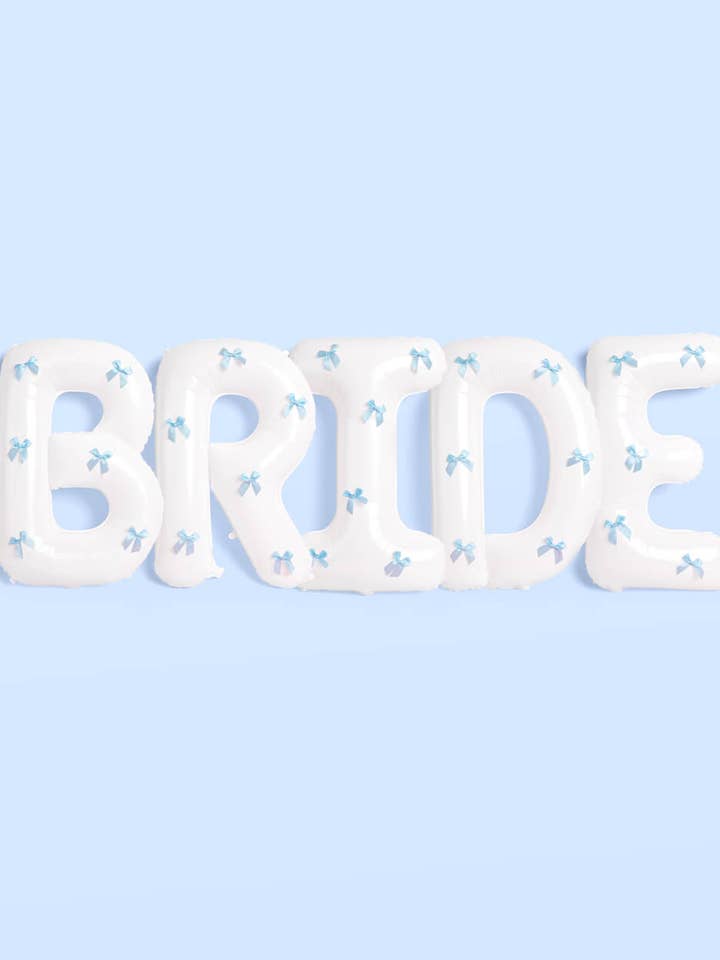 White Bride Balloons with Blue Bows | Bridal Party Decor for wholesale by xo, Fetti