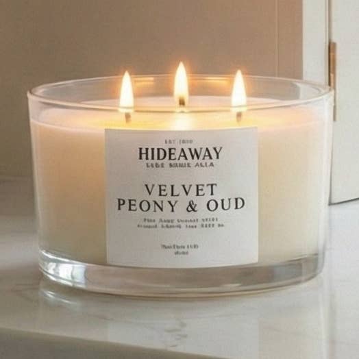 Velvet Peony & Oud Luxury 3-Wick Candle for wholesale by Hideaway Home Fragrances