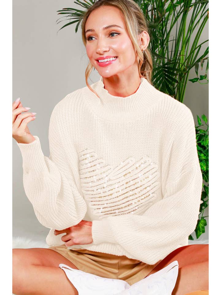 Vine & Love - Wholesale Knit Sweater - Women's - Hearted Embroidered Sequin Detail Knitted Sweater TopVT81860