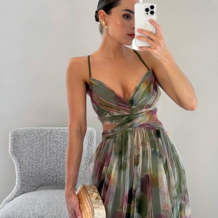 Lily Clothing - Wholesale Dress - Women's - LOW CUT LONG SWING DRESS WITH MESH PRINT HALTER