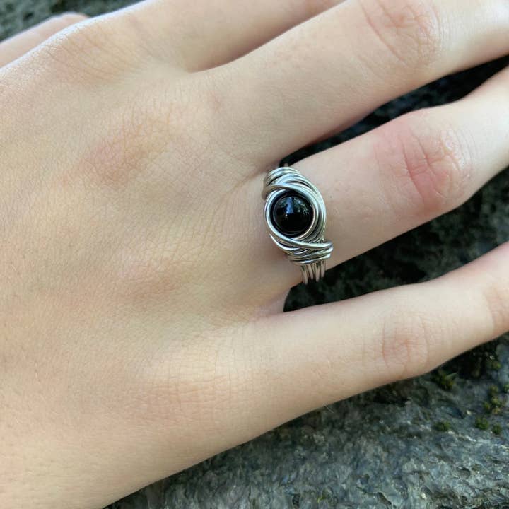 Anel Ónix Preto Jóias de Cristal Gótico Hipoalergénico por atacado de Distorted Earth