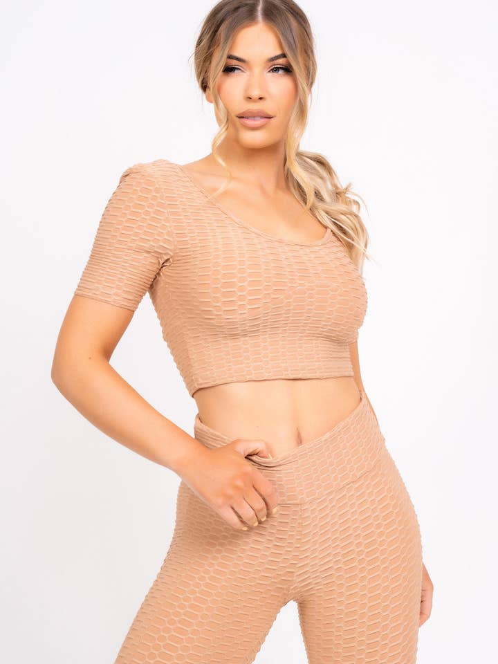 Dion Sand Honeycomb Sports Cropped Top & leggings Co-ord Fitness Set for wholesale by Nazz Collection Clothing Ltd