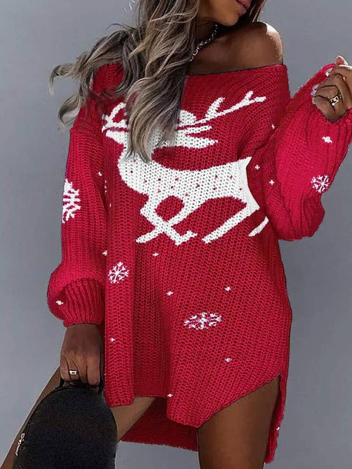 RED elk pattern high low split hem sweater dress for wholesale on Faire
