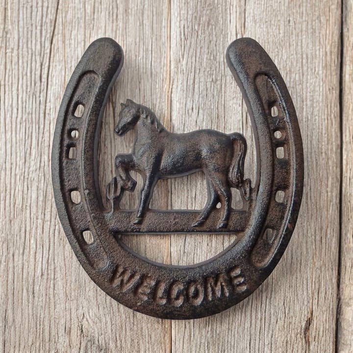 Cast Iron Horseshoe Horse Welcome Decor, Western Wall Art for wholesale by Iron & Blossom