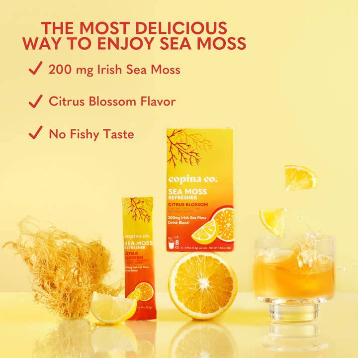 Copina Co. - Vente Préparation pour boisson - Boisson rafraîchissante Citrus Blossom Sea Moss - Paquet de 8 bâtonnets et carton4
