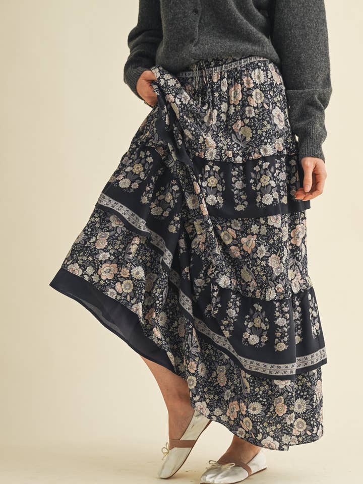 &MERCI - Wholesale Skirt - Women's - RUFFLE TIERED BORDER PRINT MIDI SKIRT MSK416622