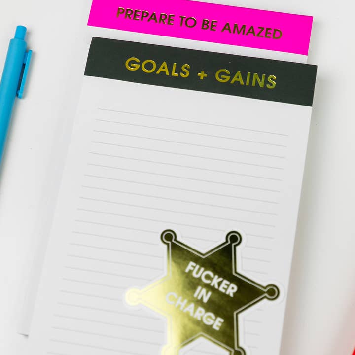 Chez Gagné - Wholesale Notepad - Goals + Gains - Lined Notepad - Perforated Sheets - Charcoal Black
