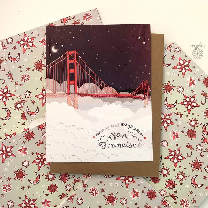 Cynla - Wholesale Season's Greetings Card - BOX of 8 San Francisco Holiday Card - starry foggy SF xmas2