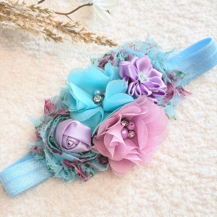 Baby blue chiffon headband, lilac shabby chic headband for wholesale by Jazy and Eve