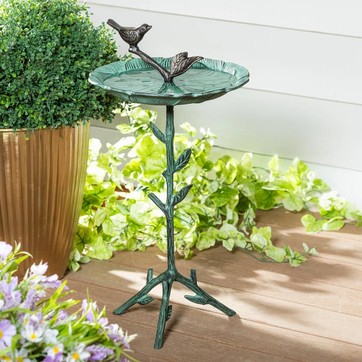 12" Metal Green Bird Bath With Stand for wholesale by Evergreen Enterprises