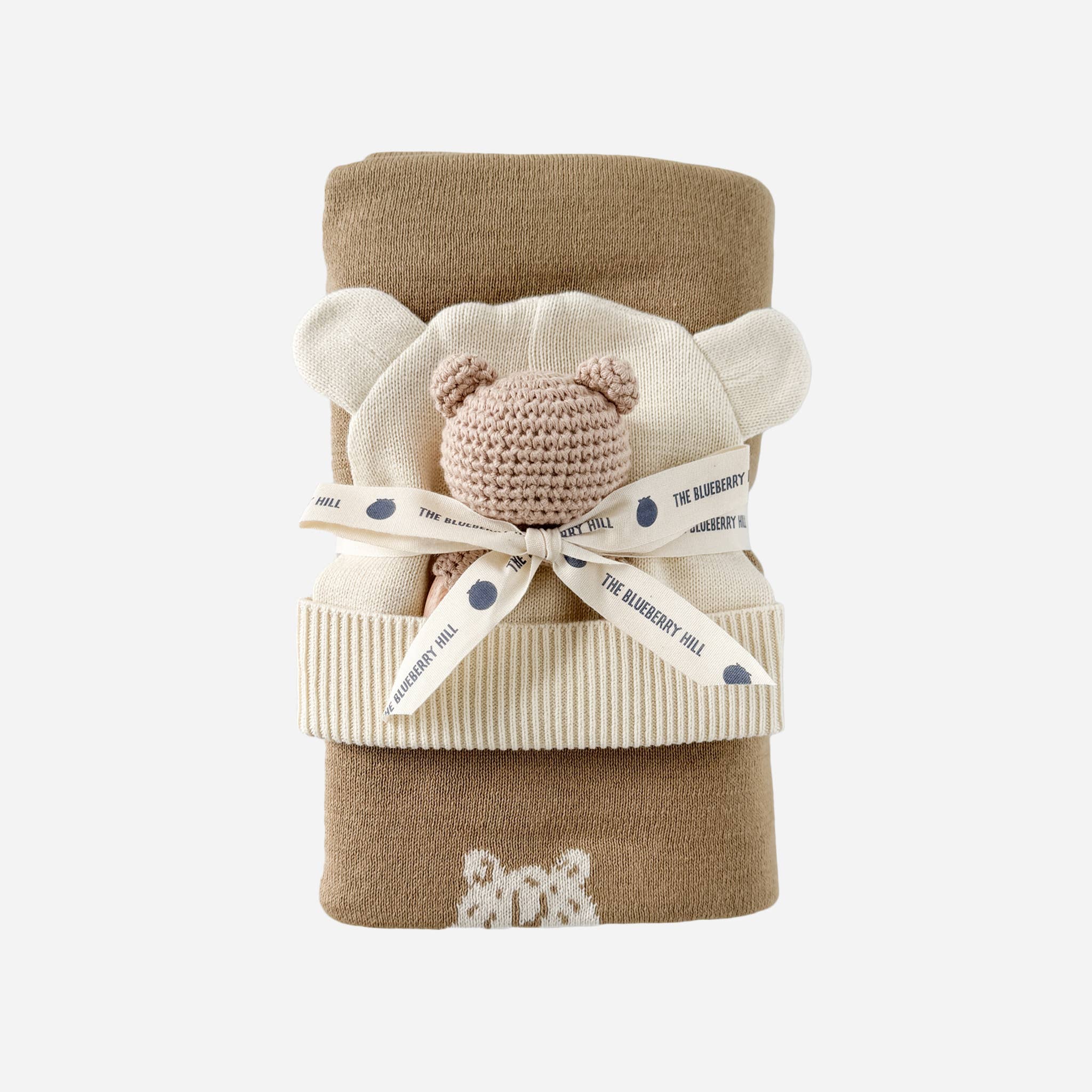 The Blueberry Hill – wholesale New mom gift box/set – Set Honey Bear Blanket Hat and Teether Baby Gift Summer