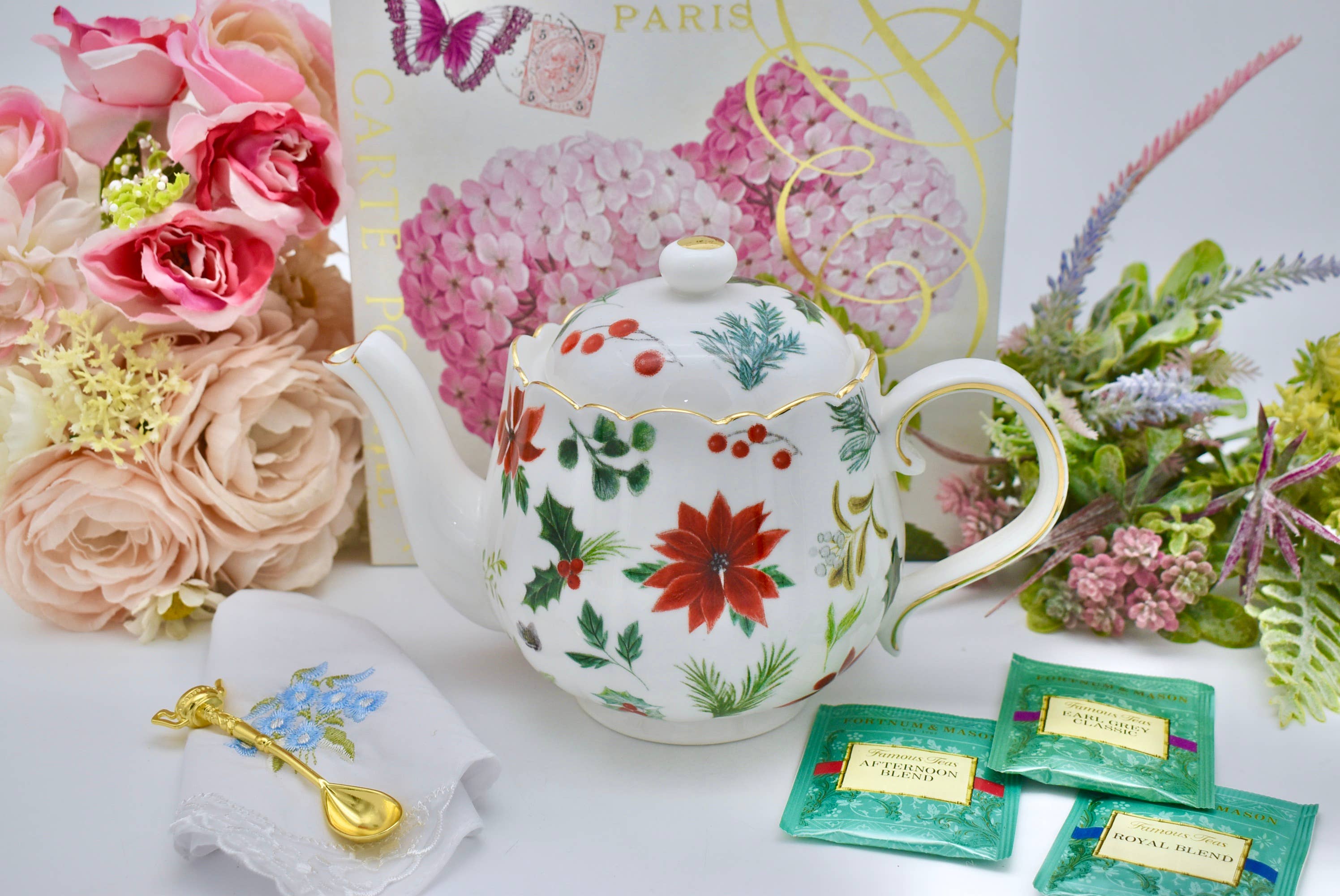 All Little Cute Things - Wholesale Tea Pot - Teapot Red Poinsettia Flowers and Holly Berries1