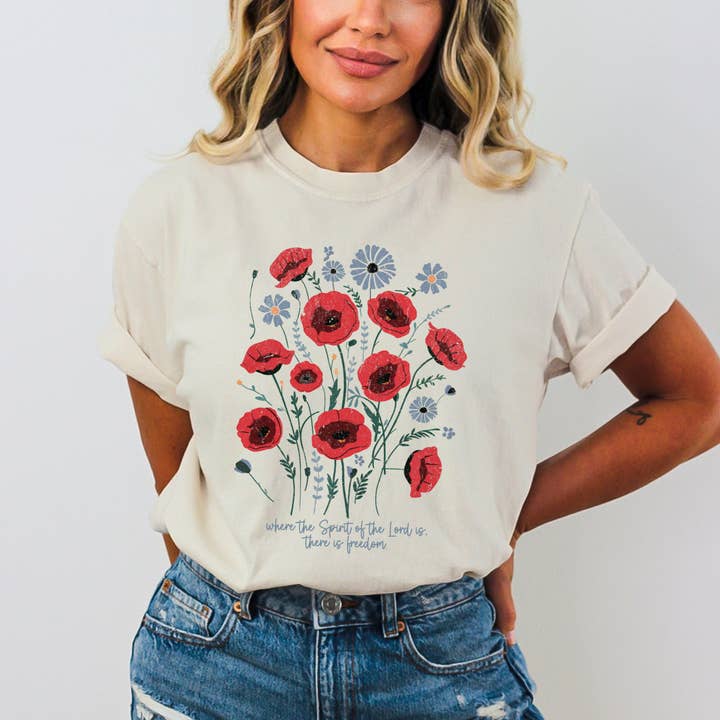 Scripted Pearl - Wholesale Screen Printed T-Shirt - Women's - There is Freedom Patriotic Floral Comfort Colors T Shirt0