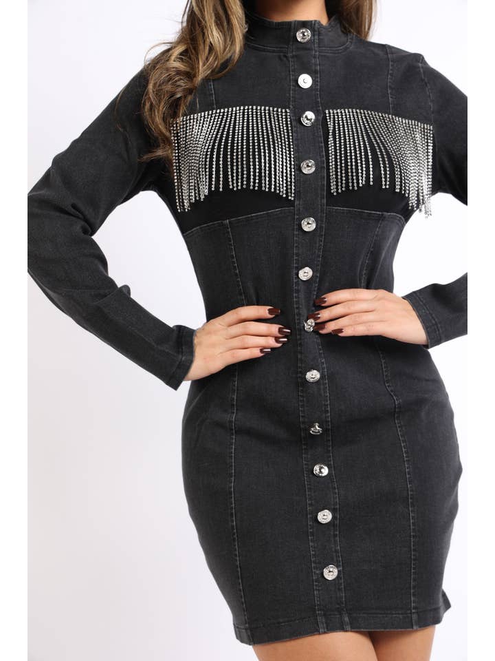 K Too – Engroshandel Kjole - Dame – Denimkjole med rhinstenfringe6