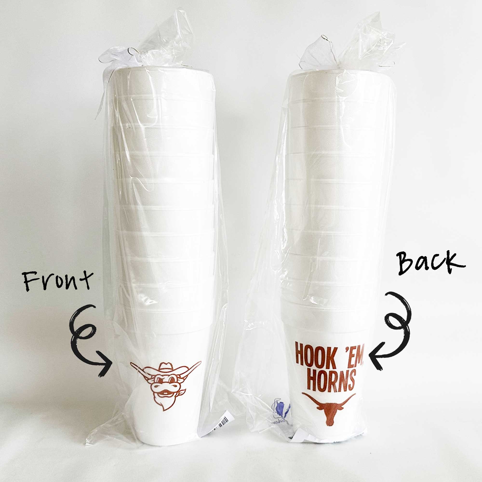 Two Funny Girls - Wholesale Disposable Cup - Foam Cup - University of Texas/Hook 'Em Horns (10 ct bag)3