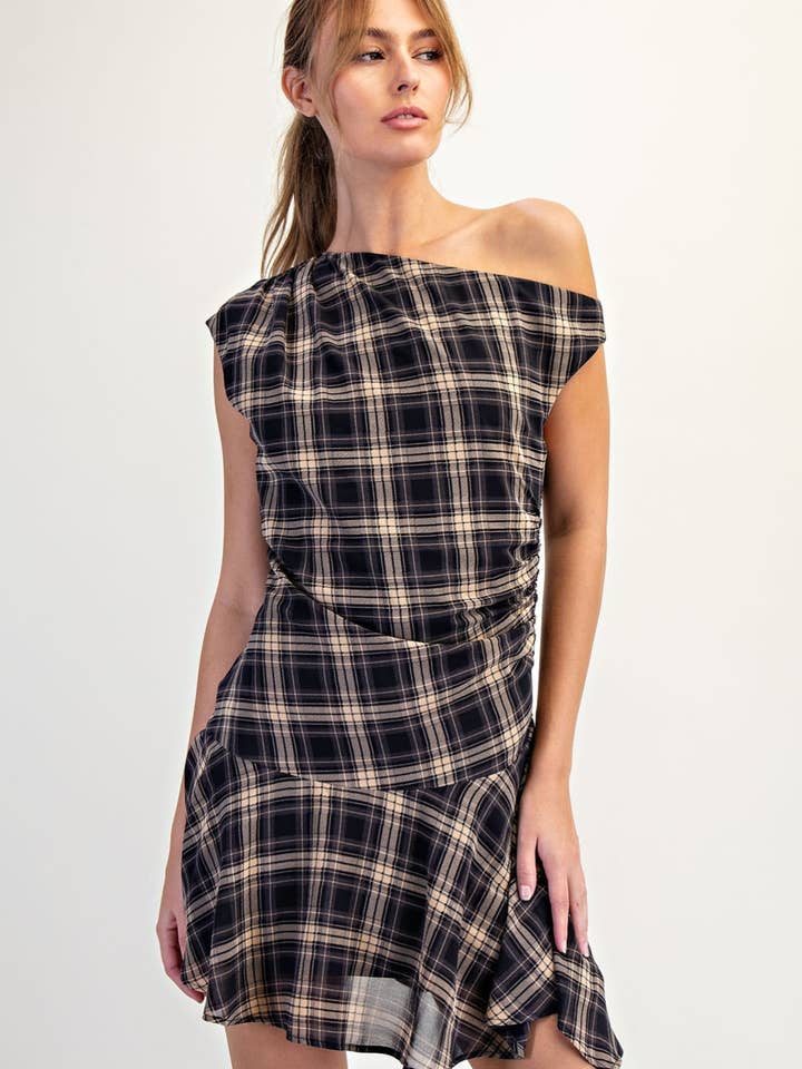 Plaid One Shoulder Ruffled Woven Dress for wholesale by Edit by Nine