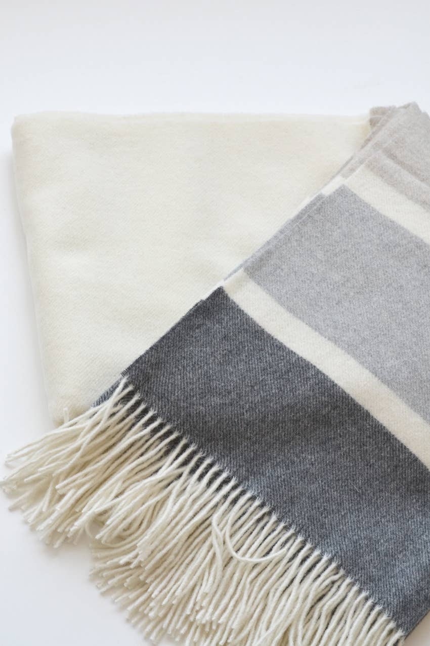 Linen Way Inc. - Wholesale Throw Blanket - Manhattan Wool Throw - White, Otter Beige with Grey Stripes2
