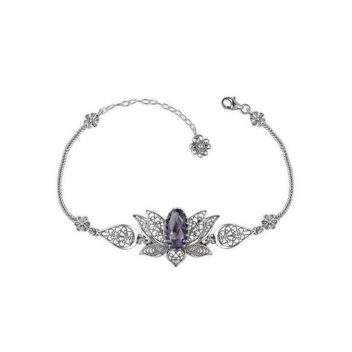 Filigranist Jewelry - Wholesale Link & Chain Bracelet - Multi Gemstone Women Silver Lotus Flower Link Bracelet