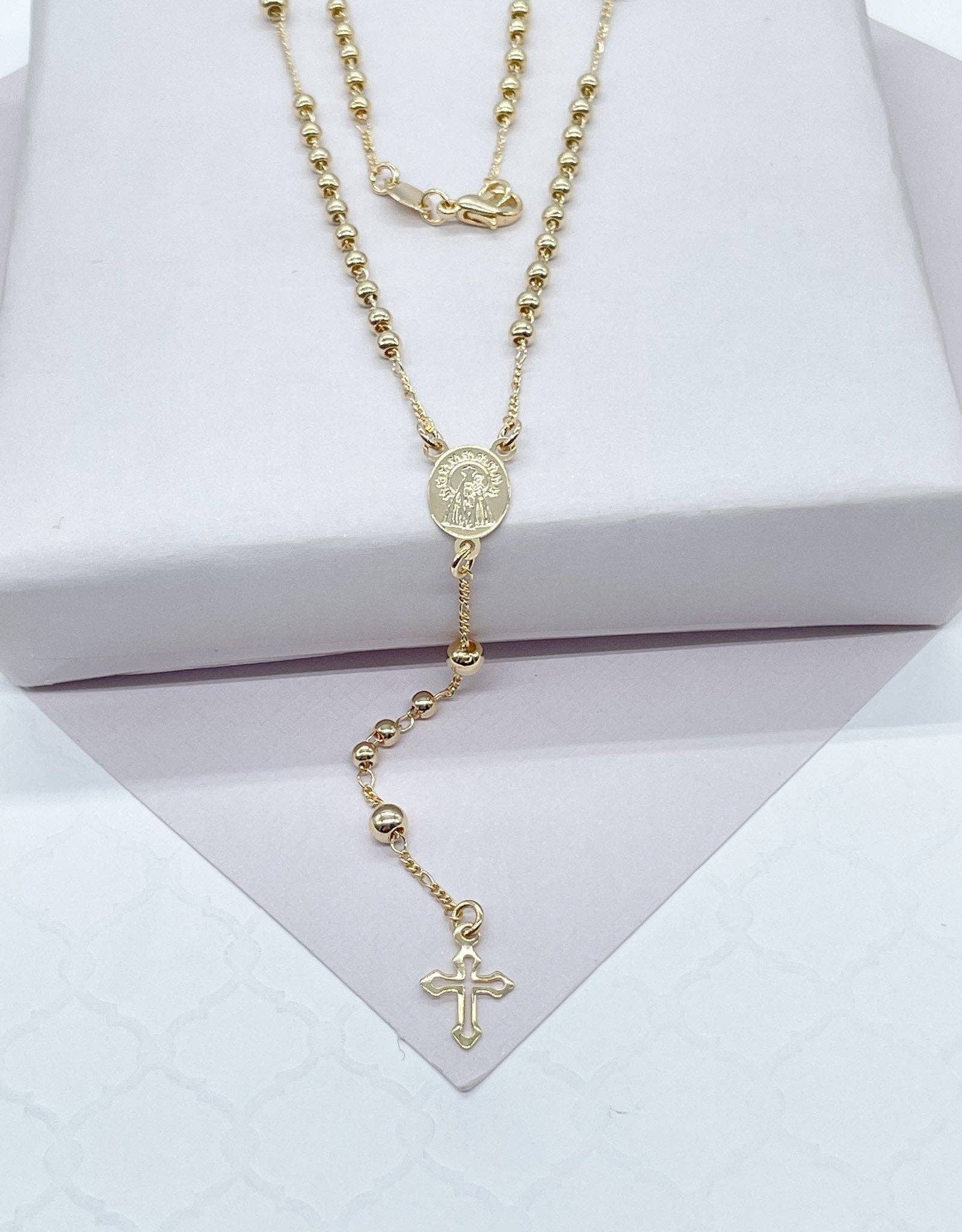 Milie - Wholesale Prayer Beads Necklace - 18k GF Rosary Necklace: Beaded Virgin Mary Medal, Tiny Cross2