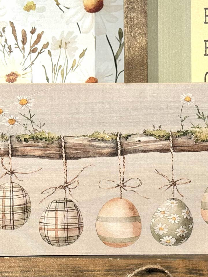 Decorative Wooden Block 11.5" x 5.5" Hanging Eggs for wholesale by Whippoorwill Charm