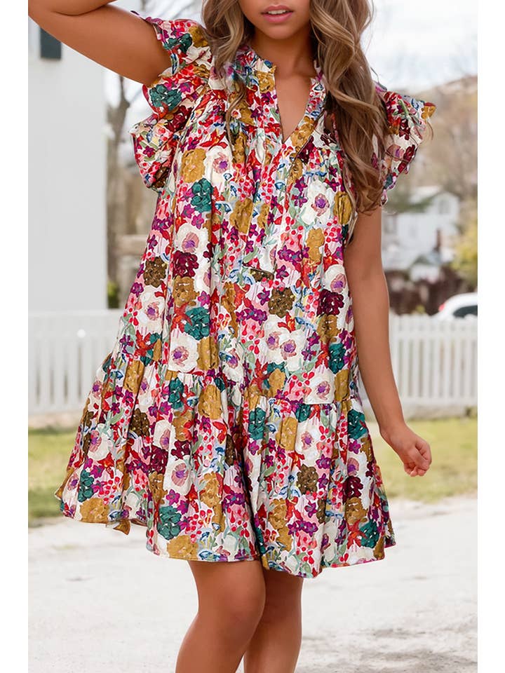 Multi Colored Floral Print Split Neck Flutter Sleeve Dress (S-XL) for wholesale on Faire