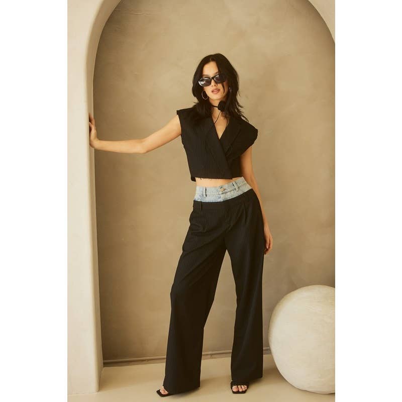 BEIGE Denim Waistband Contrast Stripe Wide Leg Trousers MB5057  for wholesale on Faire10