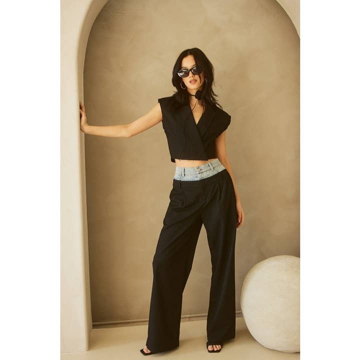 BEIGE Denim Waistband Contrast Stripe Wide Leg Trousers MB5057 for wholesale on Faire10