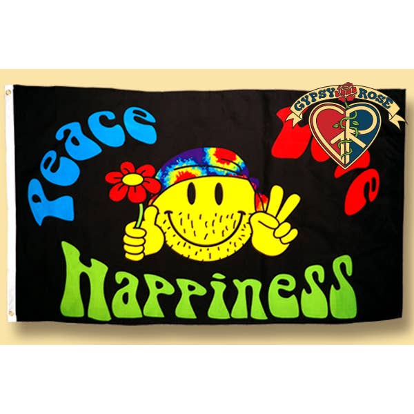 Peace Love Happiness Smiley Face Flag for wholesale by Gypsy Rose