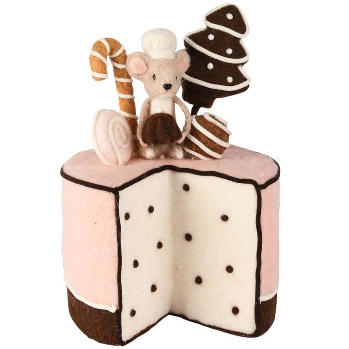 Cake w/mouse/pastry, pink/brown, fabric, 20x20x30cm for wholesale by Dekoratief