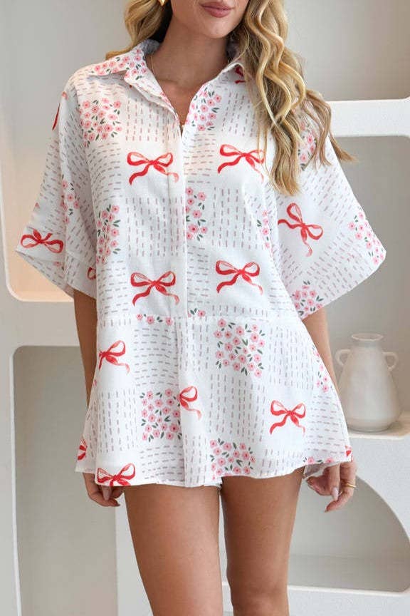 Bow printed oversized Button short sleeve romper in red for wholesale on Faire6