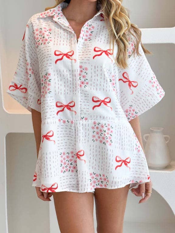Bow printed oversized Button short sleeve romper in red for wholesale on Faire6