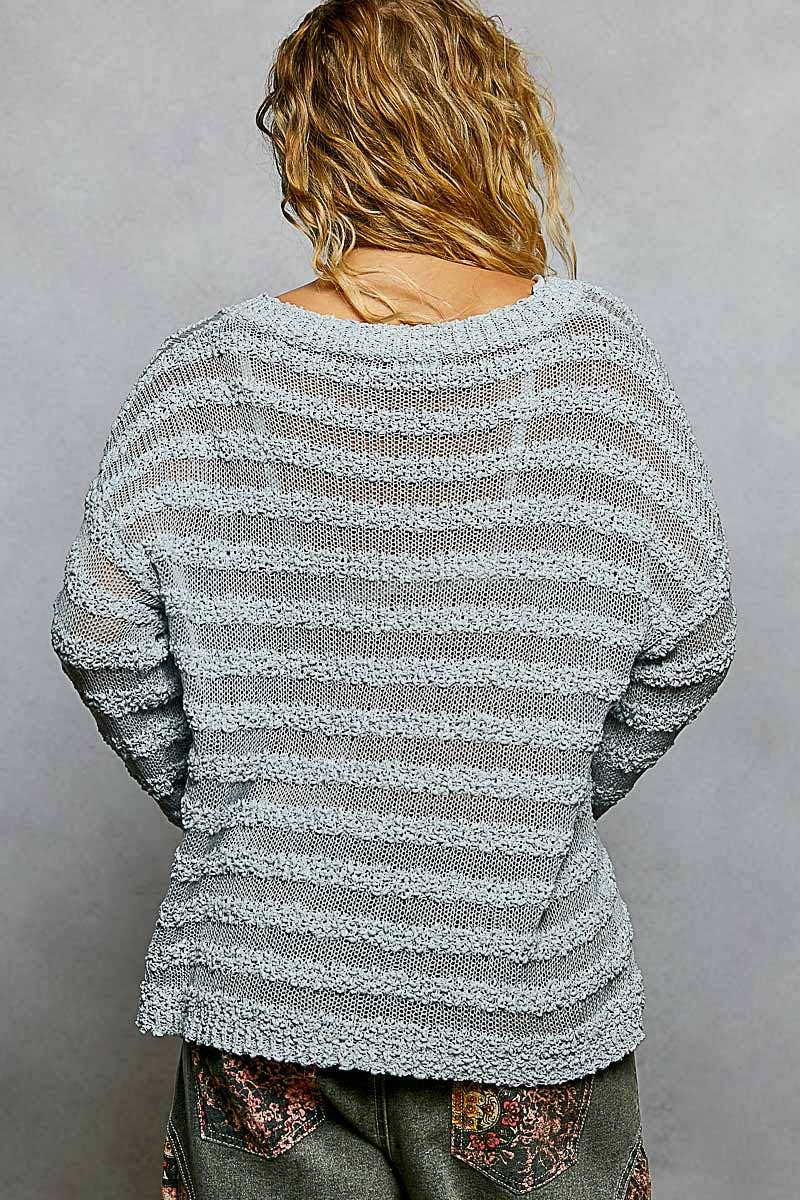 Pol Clothing - Wholesale Knit Sweater - Women's - V Neck Long Sleeve Striped Knit Acrylic Thin Sweater SALE4