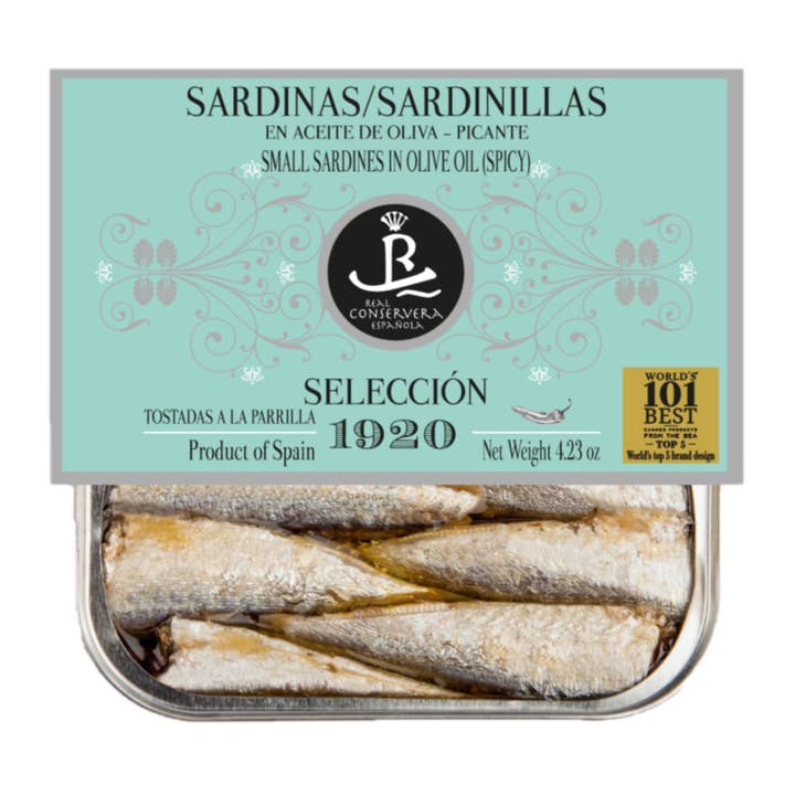 Real Conservera 1920, Small Sardines in Spicy Olive Oil. for wholesale by Spanish Colmado by Ibericos USA