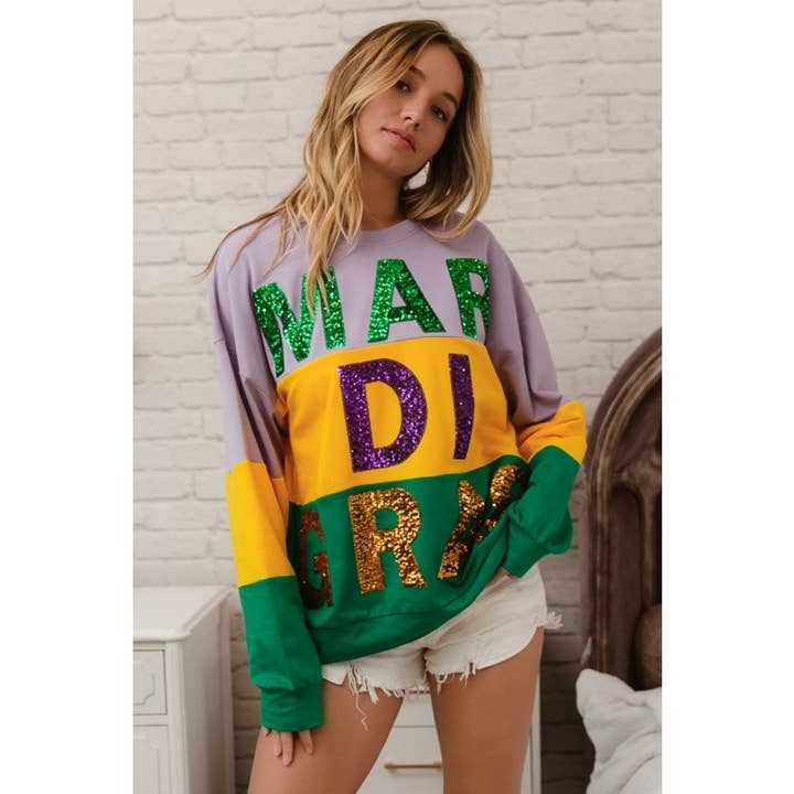 Paljett Mardi Gras Bokstavsfärgblock Tröja för wholesale av IVE